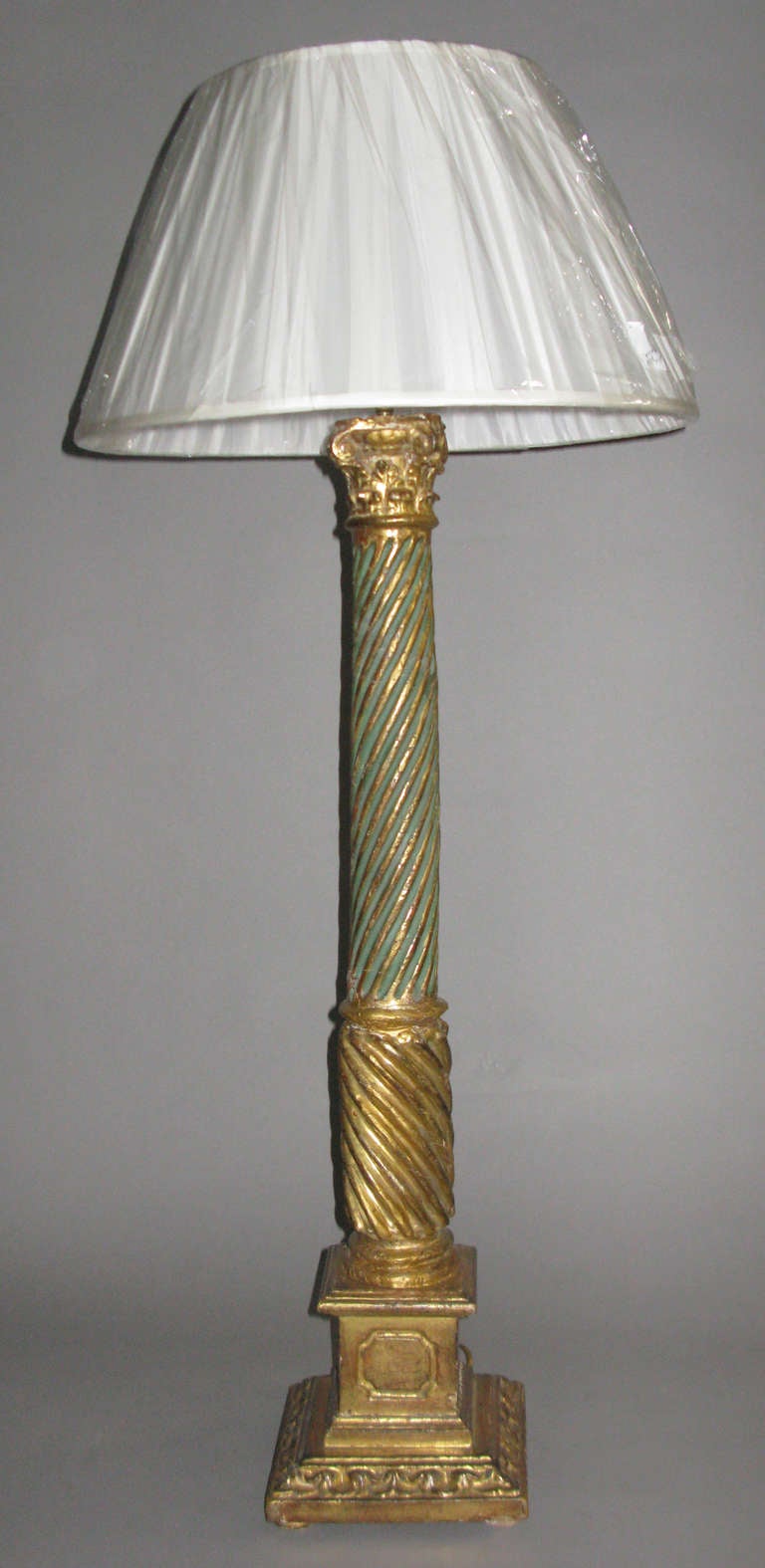 Gilded And Painted Corinthian Column Lamp Supported By A Carved Square Base