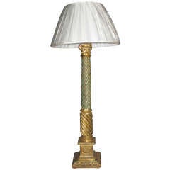 Gilded And Painted Corinthian Column Lamp Supported By A Carved Square Base