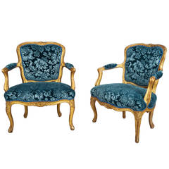 Pair of Carved and Gilded Beech Wood Louis XV Armchairs