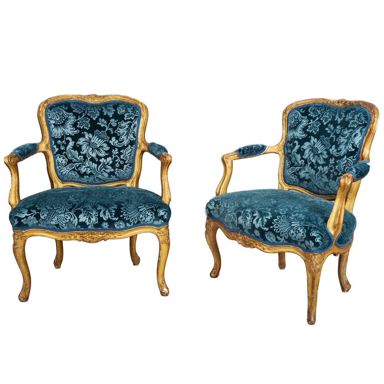 Pair of Carved and Gilded Beech Wood Louis XV Armchairs For Sale