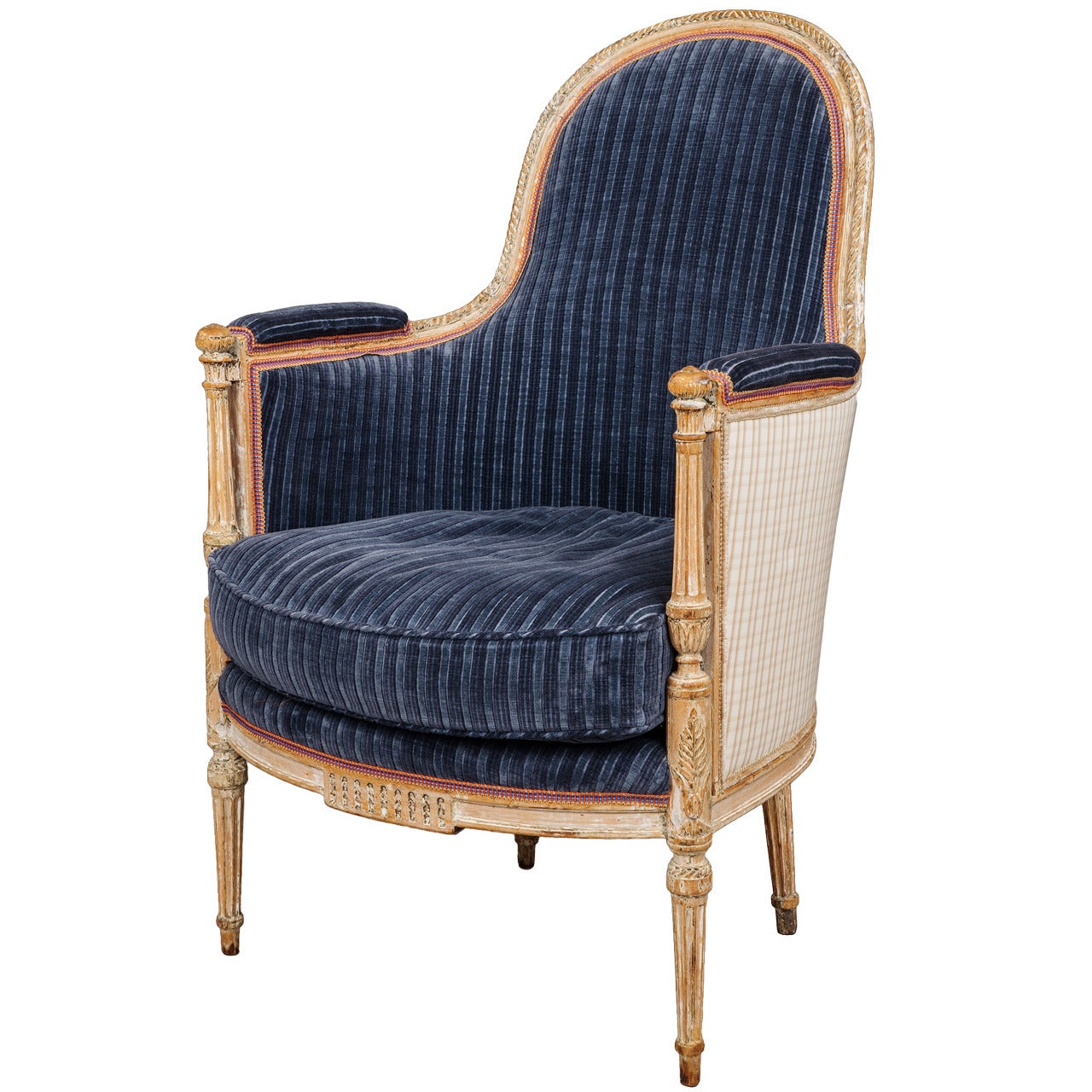 Directoire Painted and Carved Bergére Chair with Blue Velvet Upholstery For Sale