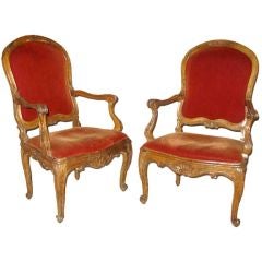 Antique Pair Of Genoese Carved Walnut Arm Chairs