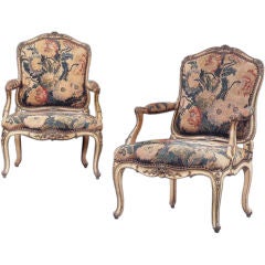 Antique Pair Of Louis XV Jean Avisse Armchairs With  Beauvais Tapestry