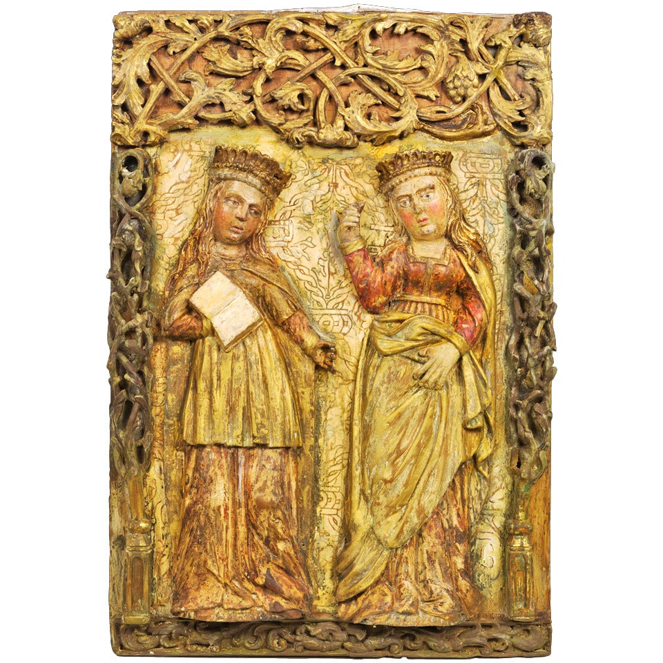 Crowned King and Queen with Gilt Tracery in Carved and Polychrome Pine For Sale