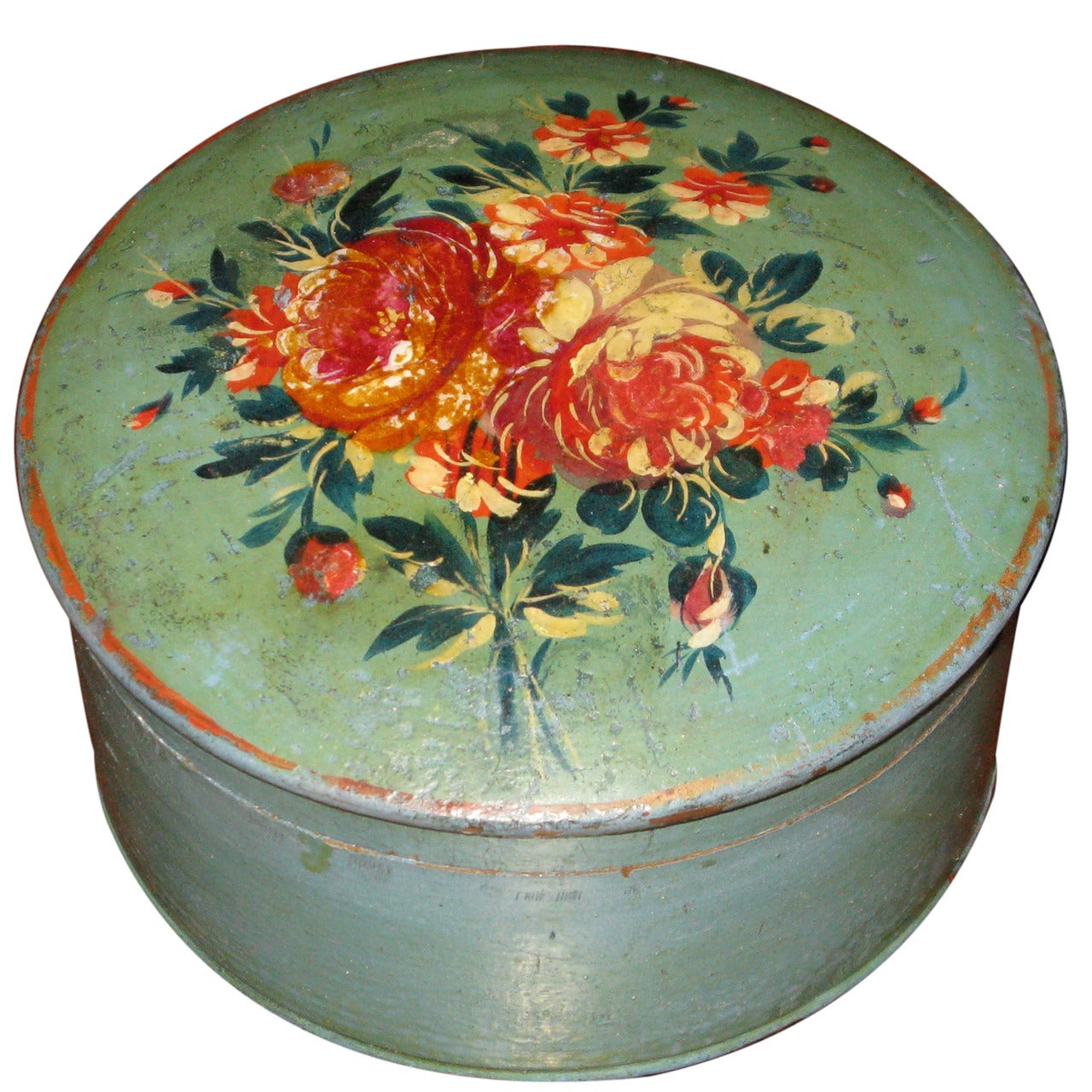 Painted Blue and Green Wood Box with Floral Bouquet Decorated Lid For Sale