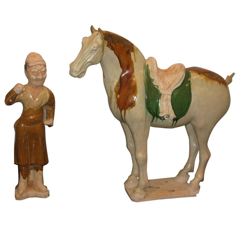 Sancai Glazed Pottery Horse With Western Attendant For Sale