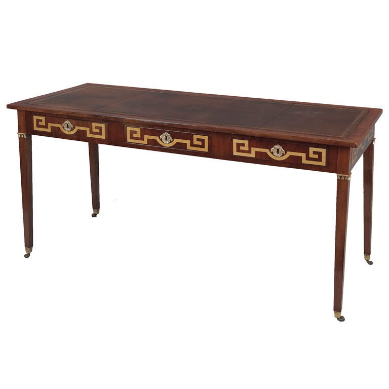 A Neoclassic mahogany desk inlaid with Greek key design For Sale