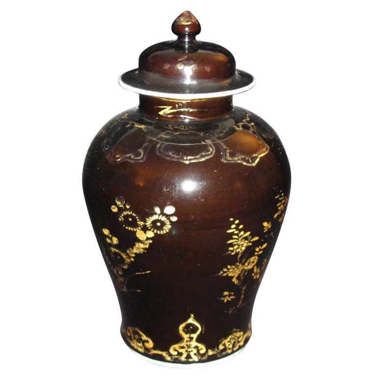 Chinese Gilt Decorated Mirror Black Porcelain Ovoid Jar  & Cover For Sale