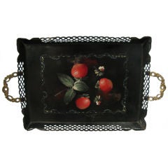 Antique A Painted Tole Tray With Gilded Bronze Handles
