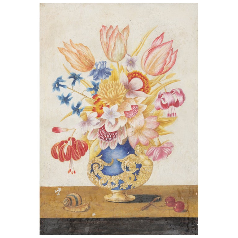 Pair, bouquet of colorful flowers in blue glass Florentine vases