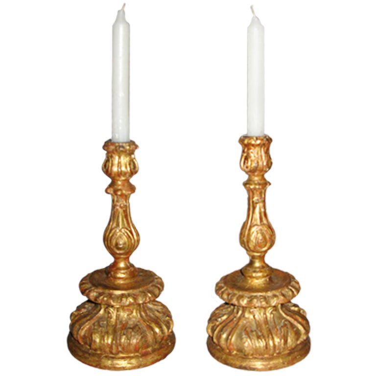 Pair of Carved and Gilded Wood Candlesticks