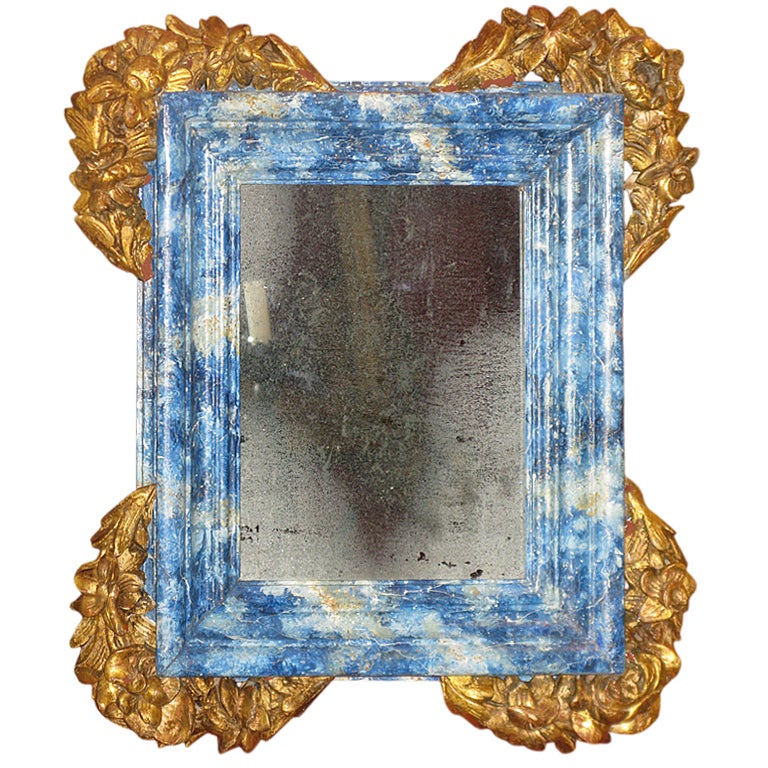 Blue painted marbleized mirror frame For Sale
