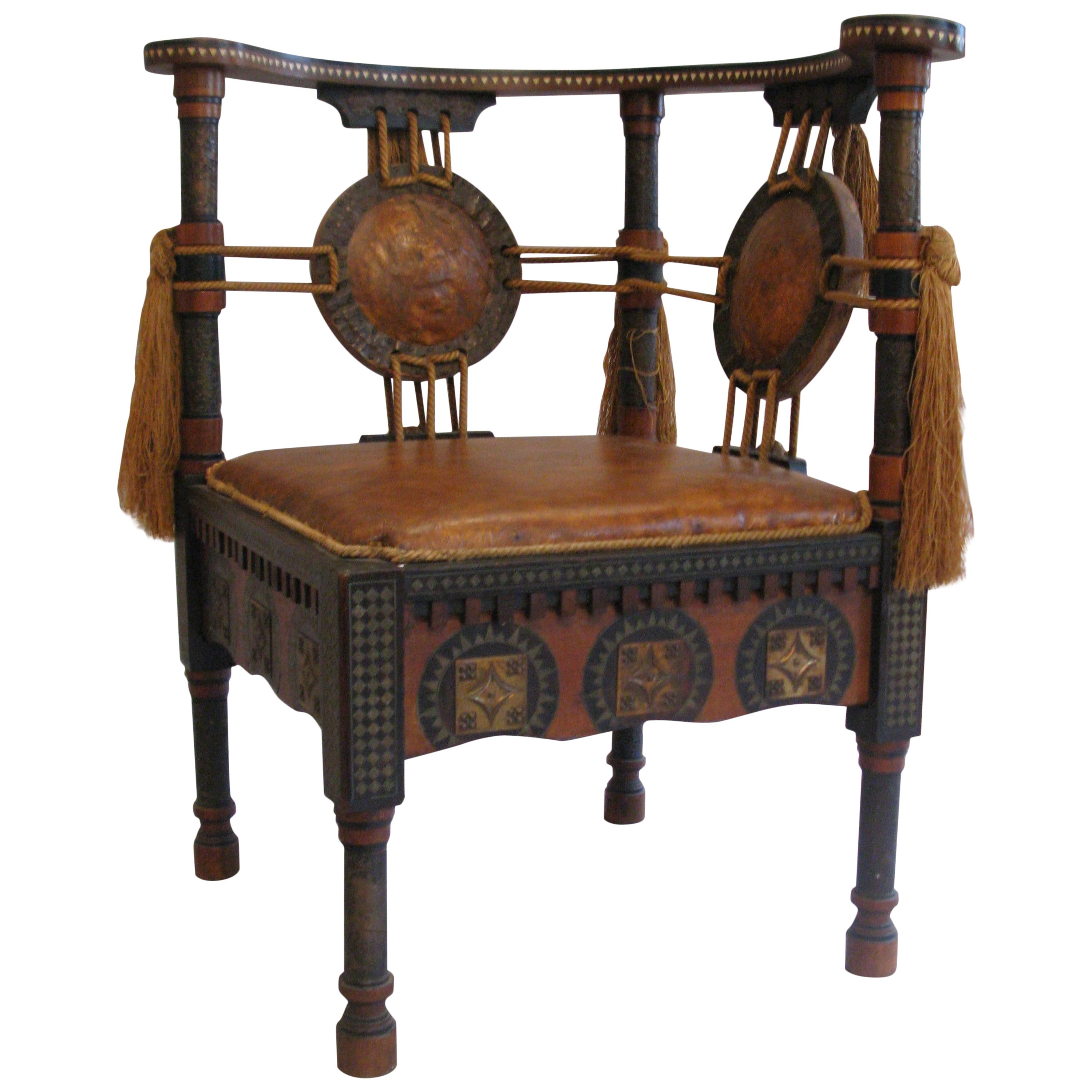 Carlo Bugatti Walnut and Inlaid Corner Chair in Exotic Moroccan Design For Sale
