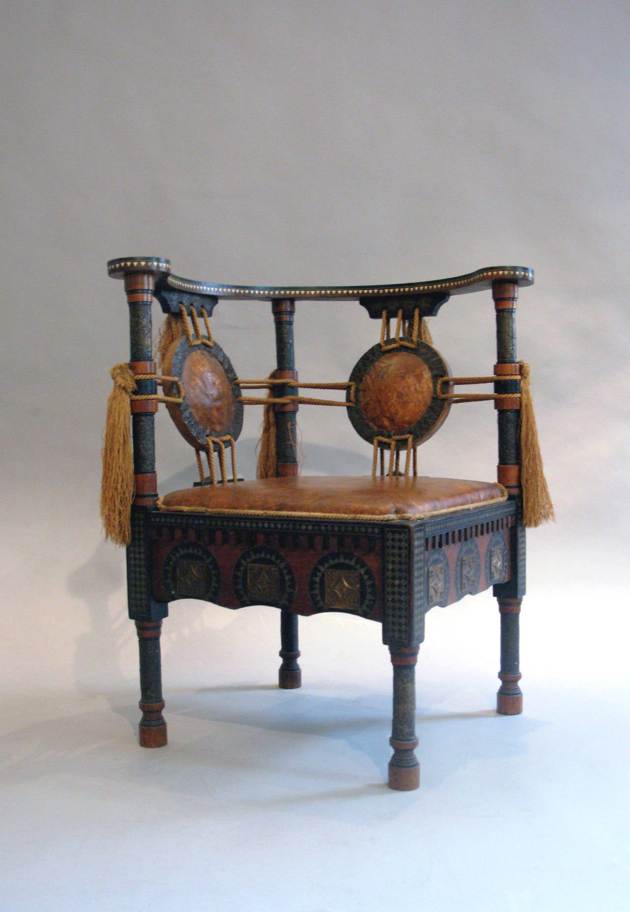 Art Nouveau Carlo Bugatti Walnut and Inlaid Corner Chair in Exotic Moroccan Design For Sale