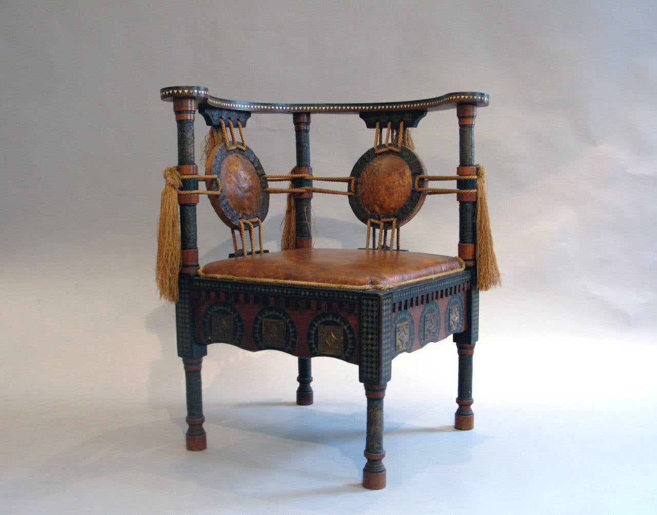 Italian Carlo Bugatti Walnut and Inlaid Corner Chair in Exotic Moroccan Design For Sale