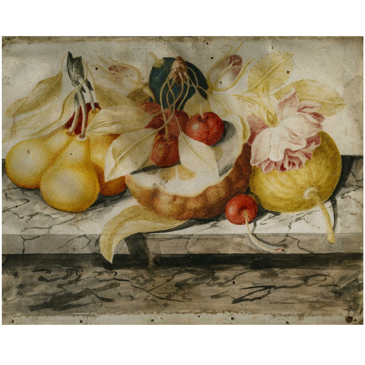 Still Life With Fruit, Flowers On A Marble Ledge For Sale