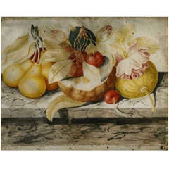 Still Life With Fruit, Flowers On A Marble Ledge