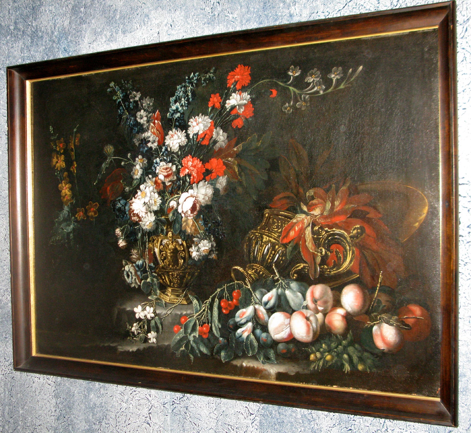 Still Life of Flowers and Fruit; with Gilded Urns For Sale