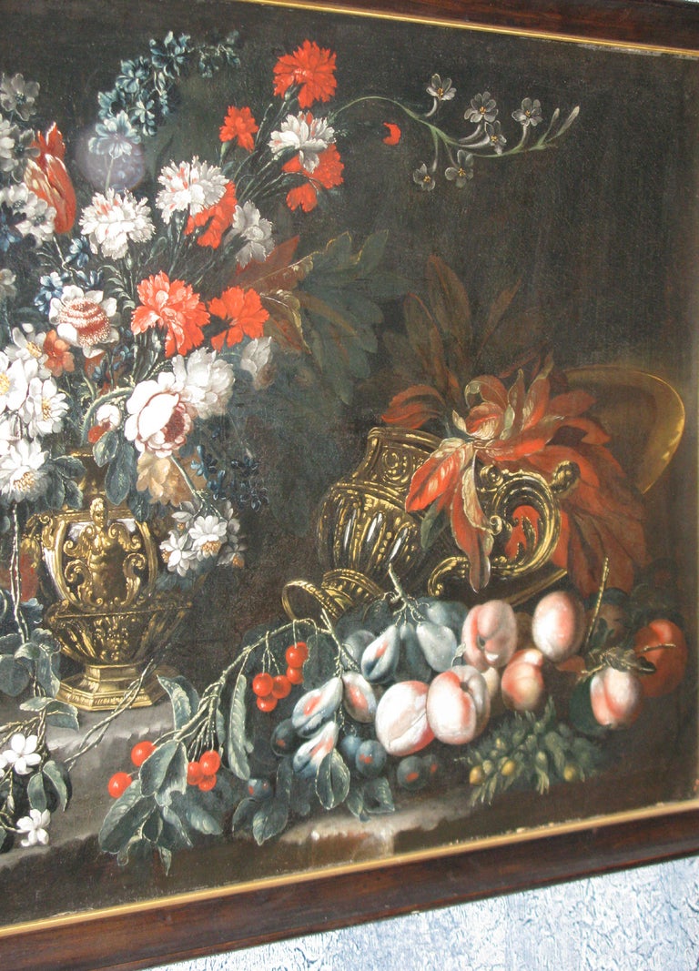 Italian Still Life of Flowers and Fruit; with Gilded Urns For Sale