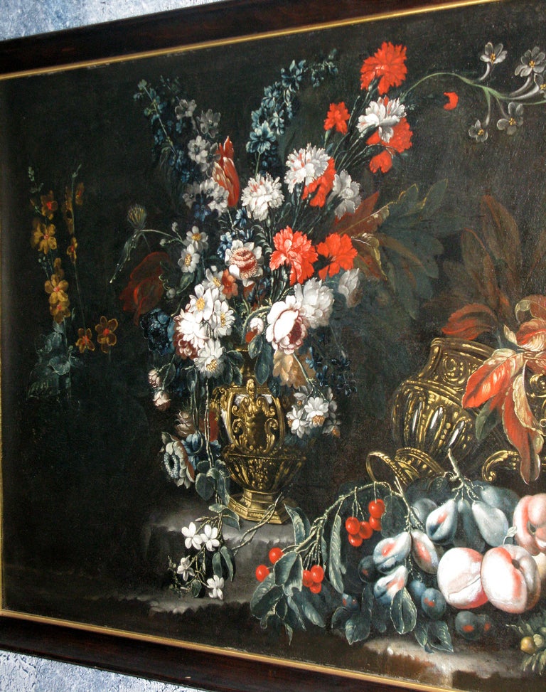 Still Life of Flowers and Fruit; with Gilded Urns In Excellent Condition For Sale In New York, NY