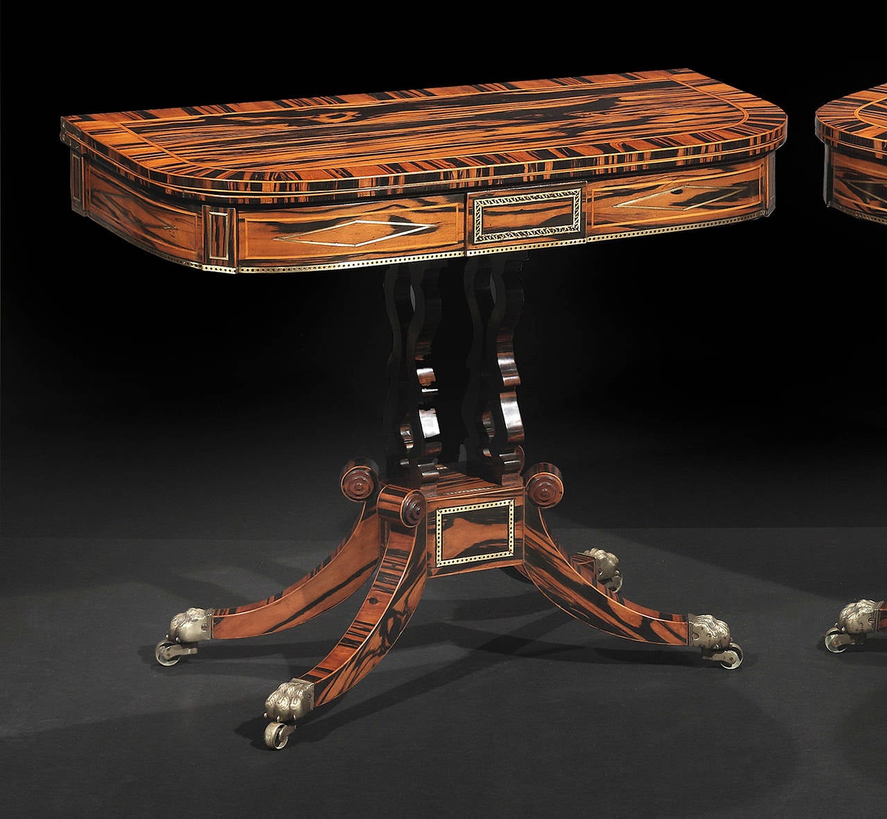 English Pair of Regency Brass Inlaid Calamander Card Tables For Sale