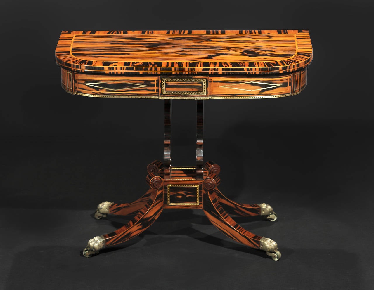 Pair of Regency Brass Inlaid Calamander Card Tables In Excellent Condition For Sale In New York, NY