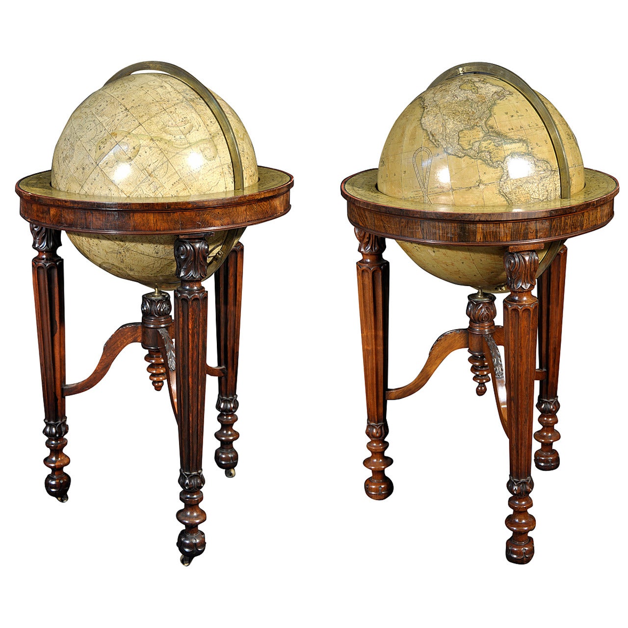 Pair of 19th Century Globes by Newton on Rosewood Library Stands For Sale