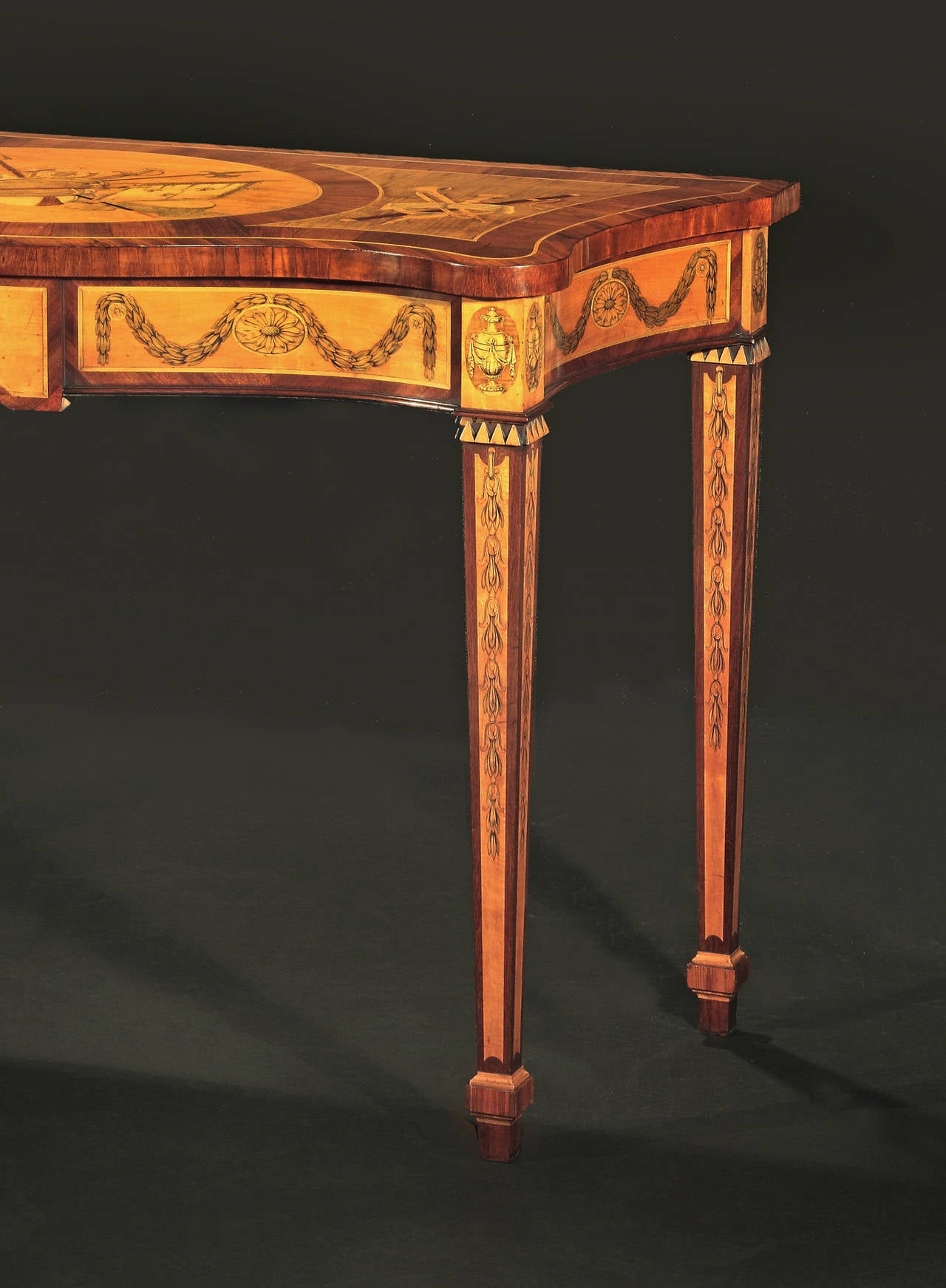 English Superb George II Marquetry and Penwork Decorated Serpentine Console Table For Sale