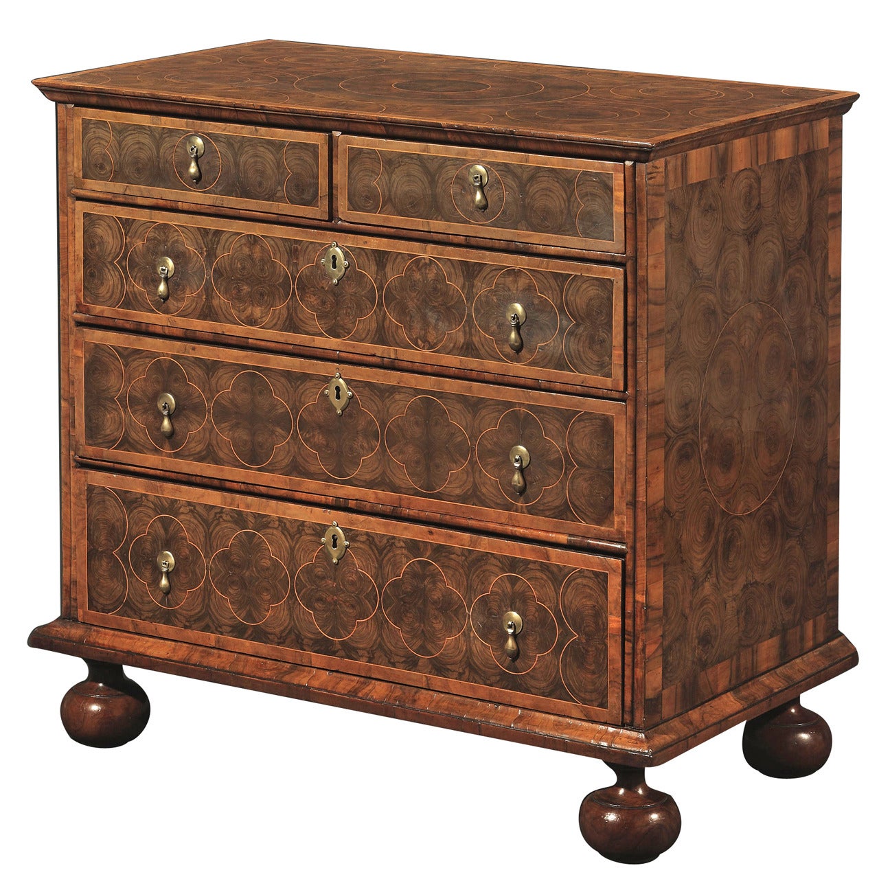 A William And Mary Walnut And Olivewood Oyster-veneered Chest Of Drawers For Sale