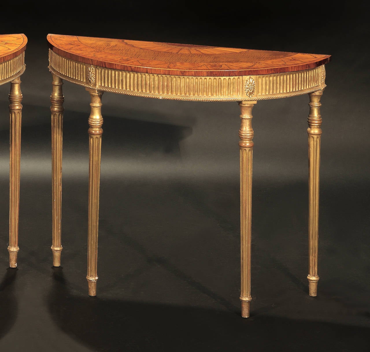 English Fine Pair of George III Giltwood and Harewood Demilune Console Tables For Sale