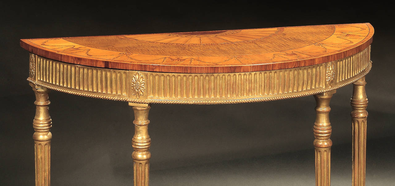 Late 18th Century Fine Pair of George III Giltwood and Harewood Demilune Console Tables For Sale