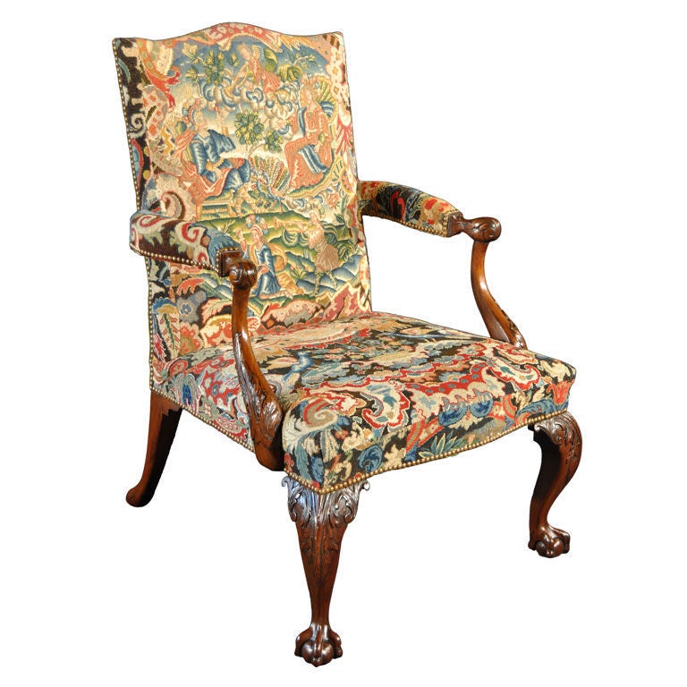 George II Mahogany and Needlework Upholstered Library Armchair For Sale