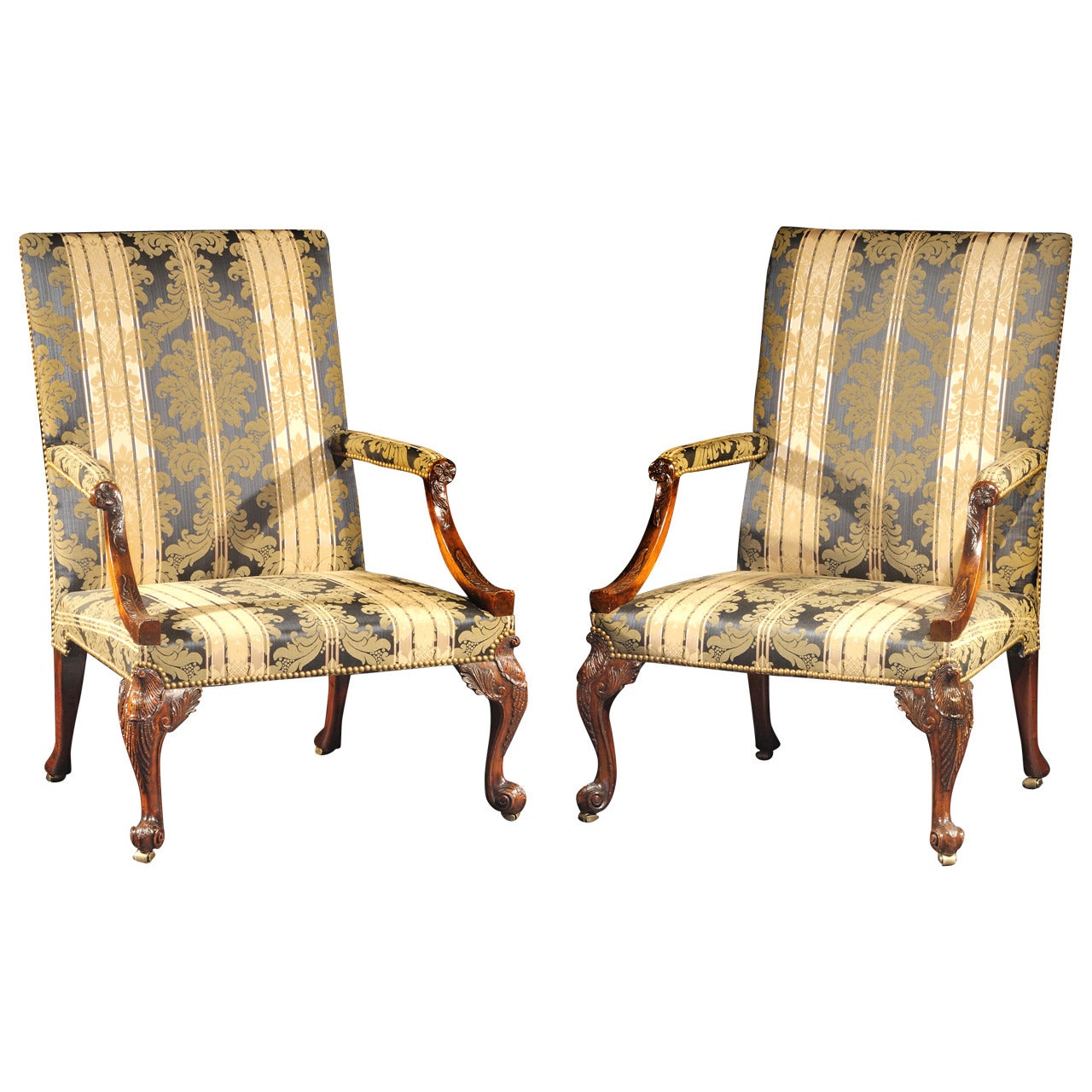 Superb Pair of George III Mahogany Carved Library Armchairs For Sale