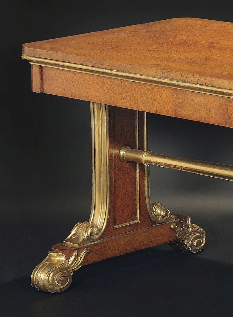 Georgian A Superb George IV Amboyna Two Drawer Parcel Gilt Library Table