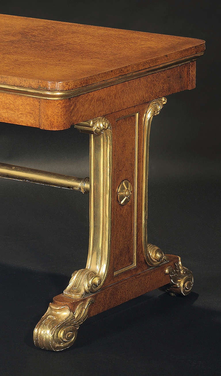 English A Superb George IV Amboyna Two Drawer Parcel Gilt Library Table