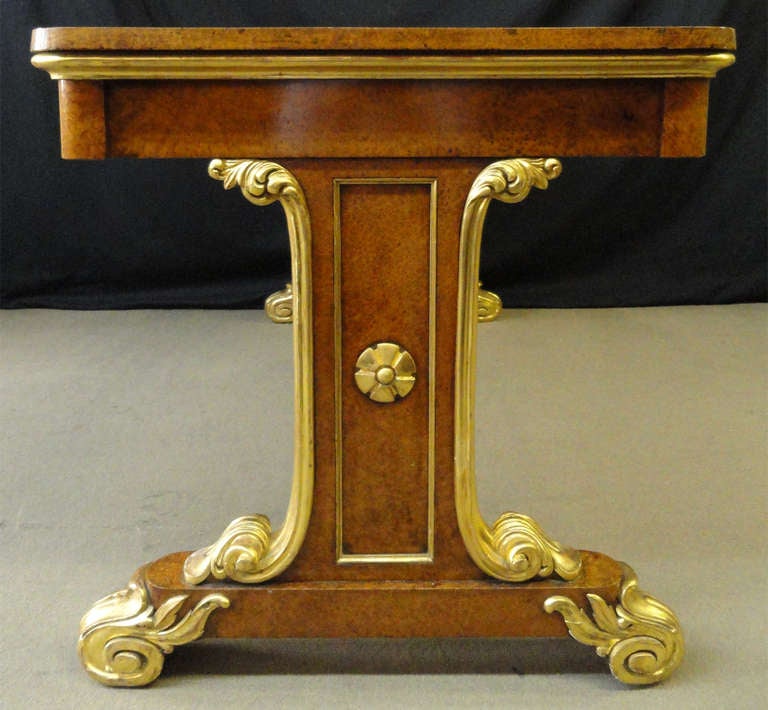 A Superb George IV Amboyna Two Drawer Parcel Gilt Library Table In Excellent Condition In New York, NY