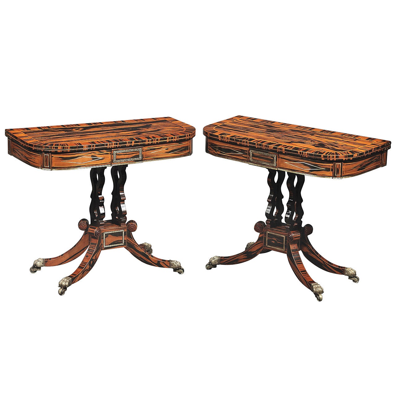 Pair of Regency Brass Inlaid Calamander Card Tables For Sale