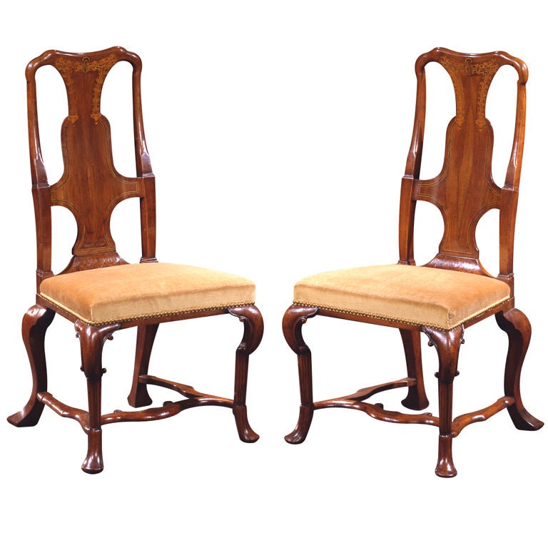 Fine Pair of Early George II Irish Walnut and Marquetry Side Chairs For Sale