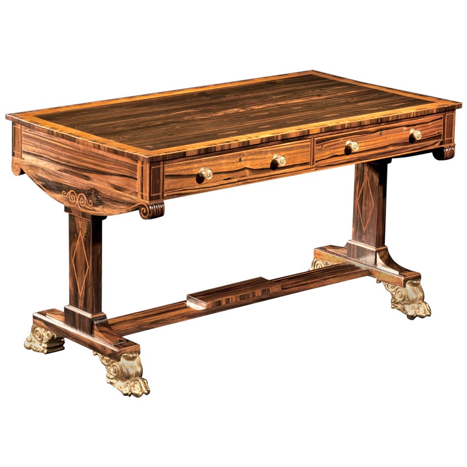 Regency Calamander Wood Library Table with Mahogany and Rosewood Crossbanding For Sale