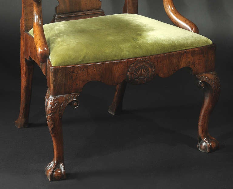 A Superb George II Walnut Open Armchair In Excellent Condition In New York, NY
