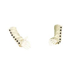 Chanel 2006 NWT Ivory Satin Gloves/ Arm Cuffs with Black Buttons rt.$1, 135