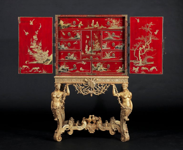 British A William III Parcel-Gilt Scarlet-Japanned Brass-Mounted Cabinet On a Stand