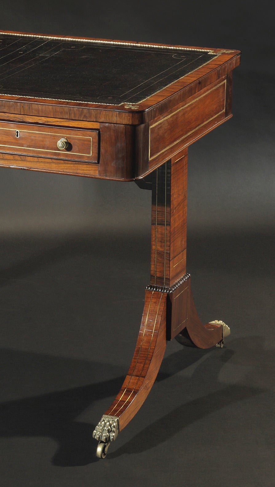 British Regency Rosewood and Brass Inlaid Writing Table For Sale