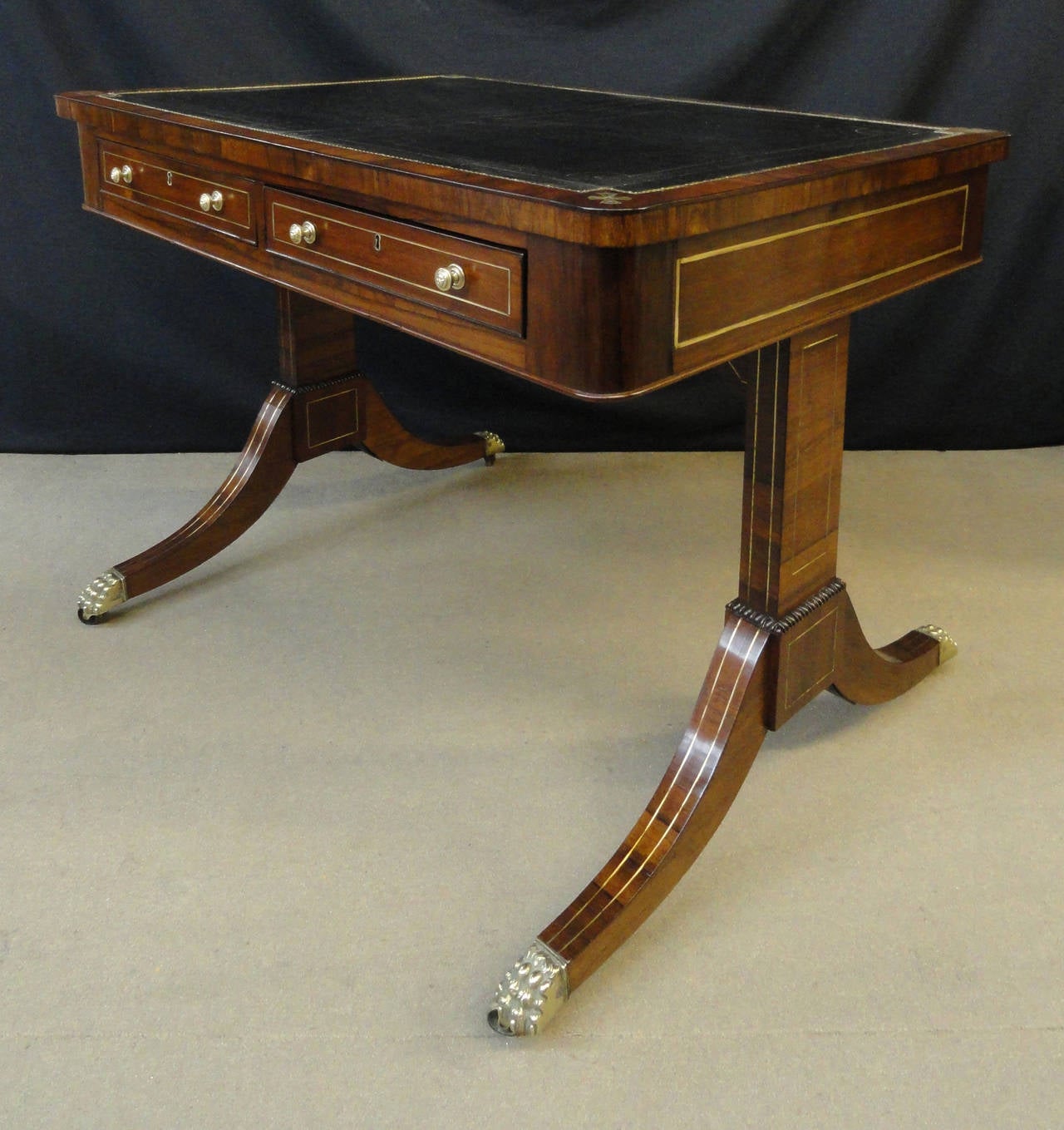 Regency Rosewood and Brass Inlaid Writing Table For Sale 3