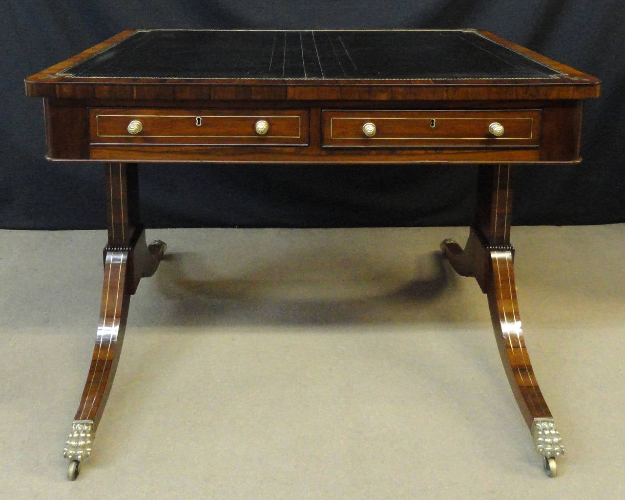 Regency Rosewood and Brass Inlaid Writing Table For Sale 4