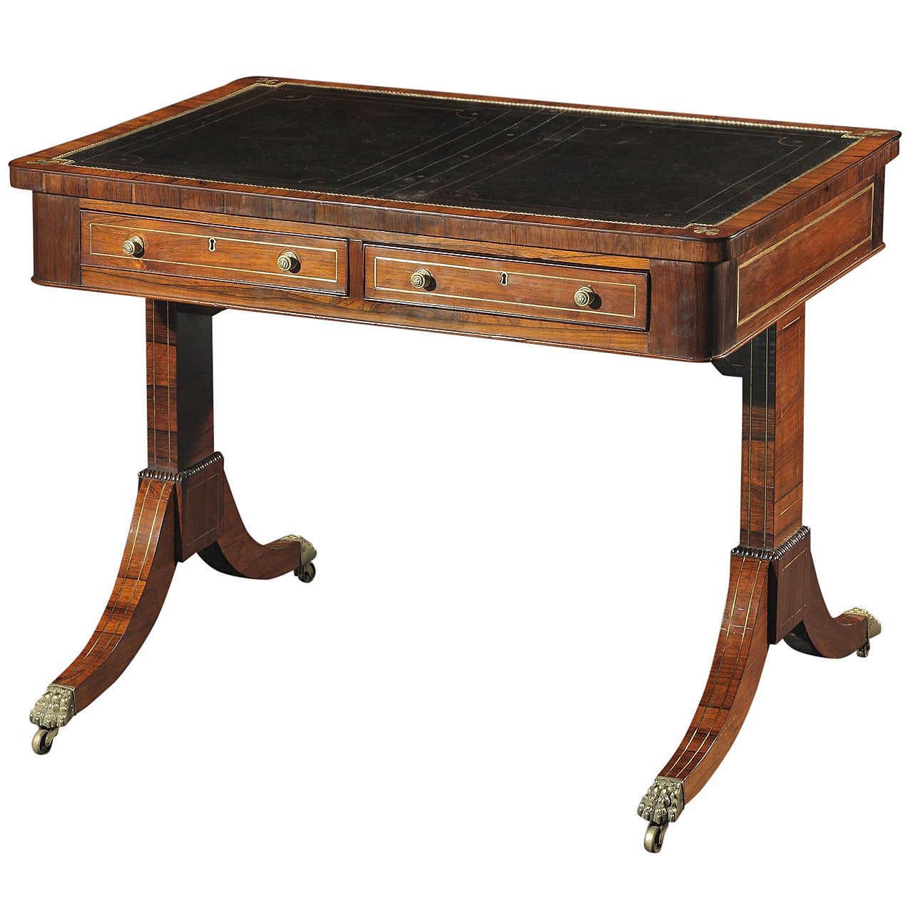 Regency Rosewood and Brass Inlaid Writing Table For Sale