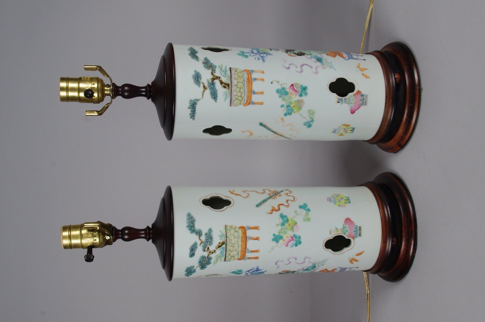 Pair of Chinese Porcelain Famille Rose Hat Stands Mounted as Lamps In Excellent Condition In St. Louis, MO