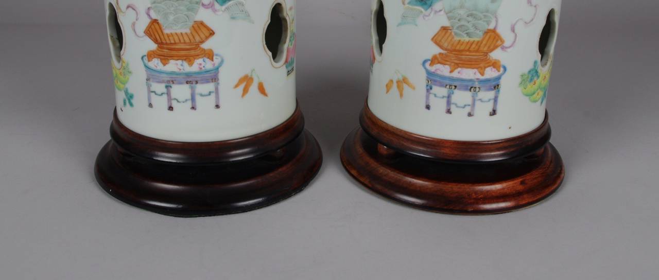 Pair of Chinese Porcelain Famille Rose Hat Stands Mounted as Lamps 2