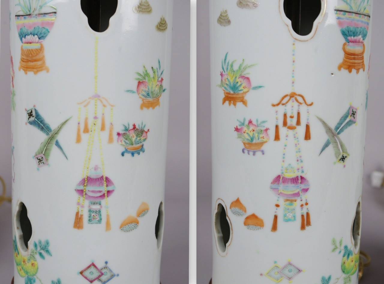 Pair of Chinese Porcelain Famille Rose Hat Stands Mounted as Lamps 1