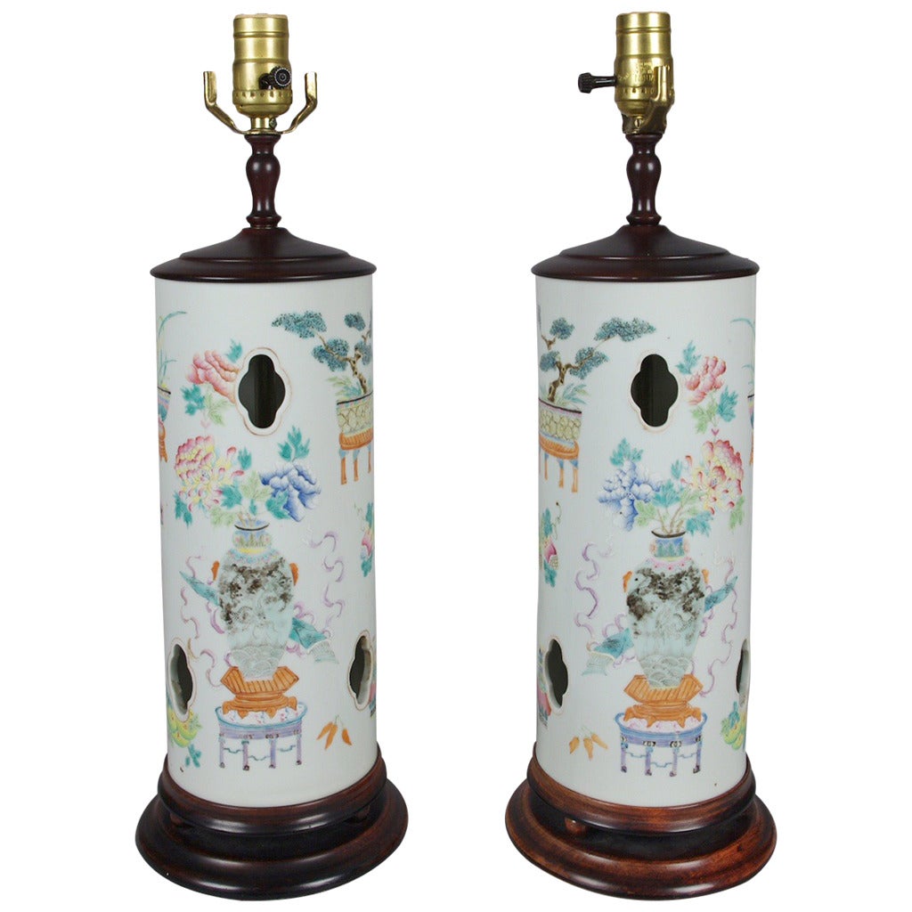 Pair of Chinese Porcelain Famille Rose Hat Stands Mounted as Lamps